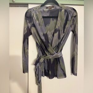 Sweet Pea Green and Gray Patterned Wrap Blouse